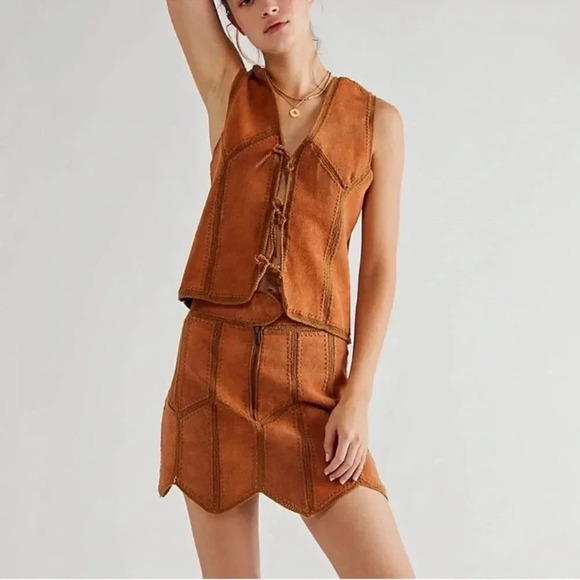 New Free People Sadie Suede Suit Set Matching Skirt Vest Western Brown Large - Picture 1 of 17